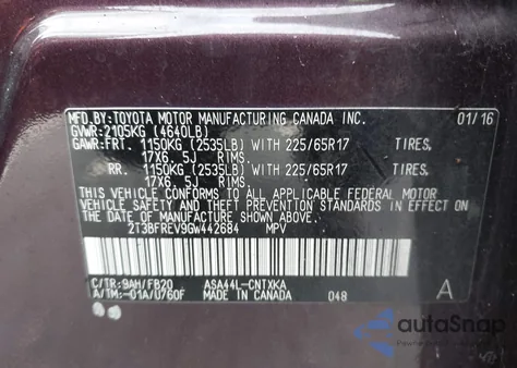 2016 Toyota Rav4 Le z USA, uszkodzony, nr VIN 2T3BFREV9GW442684